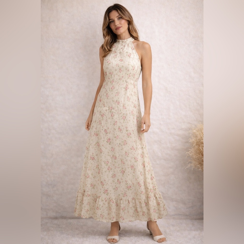 Cream Floral Maxi Dress Cottagecore Romantic Tiered Ruffle Hem Sleeveless - Picture 1 of 5